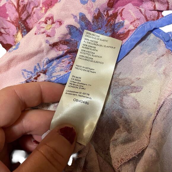 Free People Top Size Large Venice Blue Pink Floral Long Sleeve Bow Tie Semi Crop - Picture 7 of 7